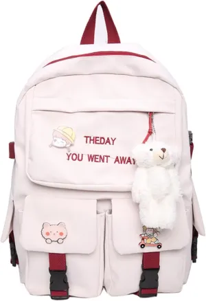 Kawaii Backpack with Cute Accessories Pendant Travel Women Laptop Bags Large Outdoor Waterproof Casual Daypack (White Red)