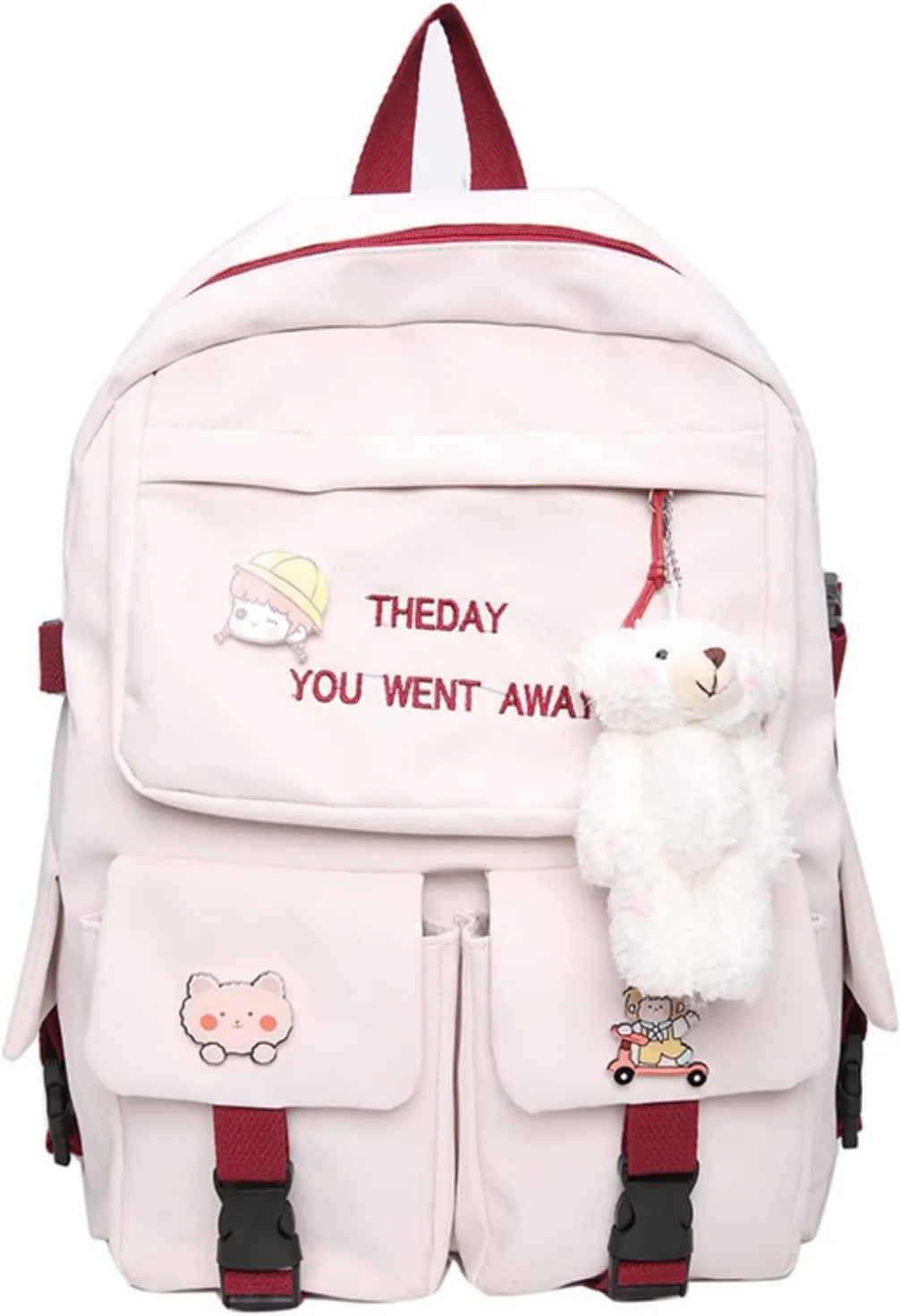 Kawaii Backpack with Cute Accessories Pendant Travel Women Laptop Bags Large Outdoor Waterproof Casual Daypack (White Red)