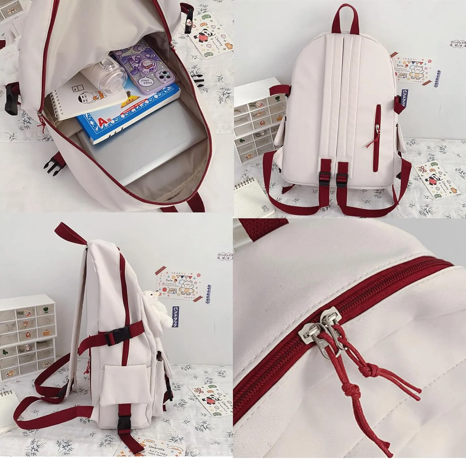 Kawaii Backpack with Cute Accessories Pendant Travel Women Laptop Bags Large Outdoor Waterproof Casual Daypack (White Red)