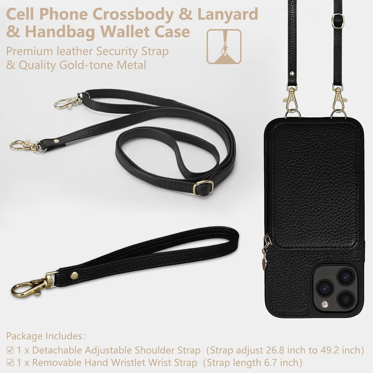 Keallce Case for iPhone 13 Pro Max 6.7'' Case Wallet, Crossbody Zipper Purse with RFID Blocking 10 Card Slot Kickstand, Detachable Lanyard & Wristle Flip Folio Phone Cover for iPhone 13 Pro Max, Black