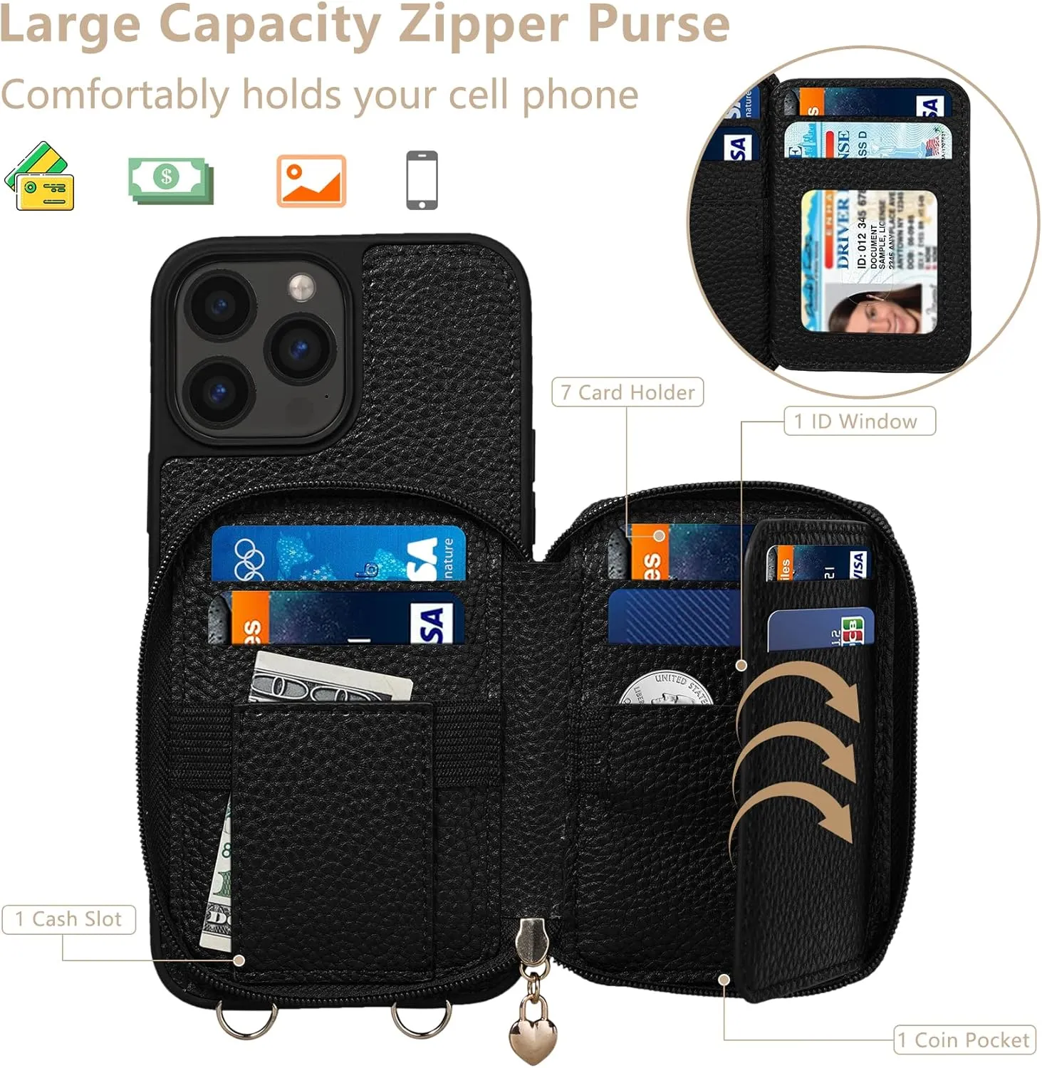 Keallce Case for iPhone 13 Pro Max 6.7'' Case Wallet, Crossbody Zipper Purse with RFID Blocking 10 Card Slot Kickstand, Detachable Lanyard & Wristle Flip Folio Phone Cover for iPhone 13 Pro Max, Black