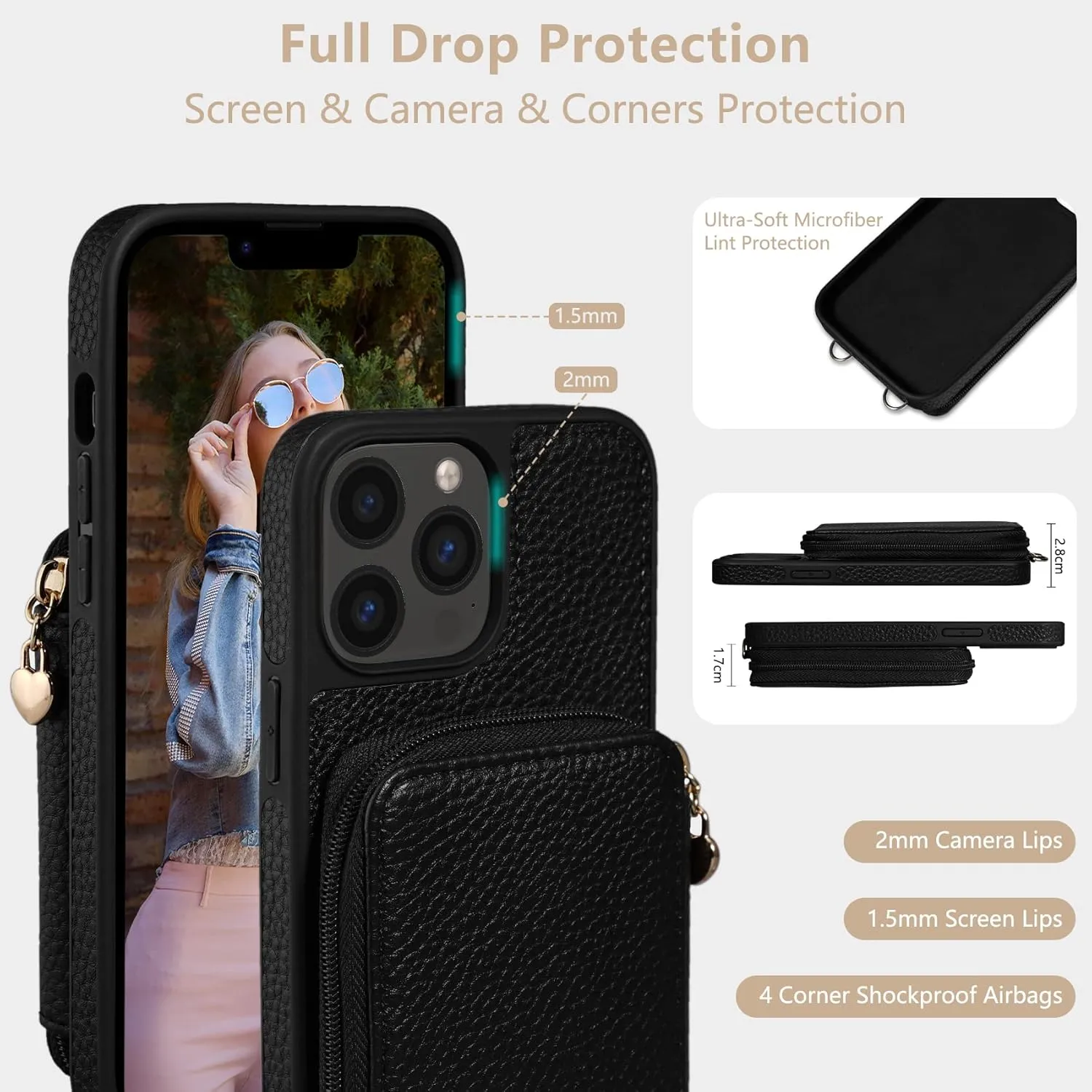 Keallce Case for iPhone 13 Pro Max 6.7'' Case Wallet, Crossbody Zipper Purse with RFID Blocking 10 Card Slot Kickstand, Detachable Lanyard & Wristle Flip Folio Phone Cover for iPhone 13 Pro Max, Black