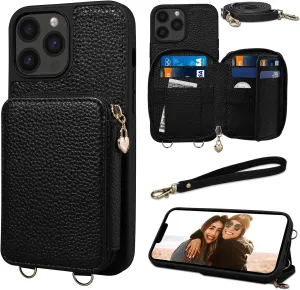 Keallce Case for iPhone 13 Pro Max 6.7'' Case Wallet, Crossbody Zipper Purse with RFID Blocking 10 Card Slot Kickstand, Detachable Lanyard & Wristle Flip Folio Phone Cover for iPhone 13 Pro Max, Black