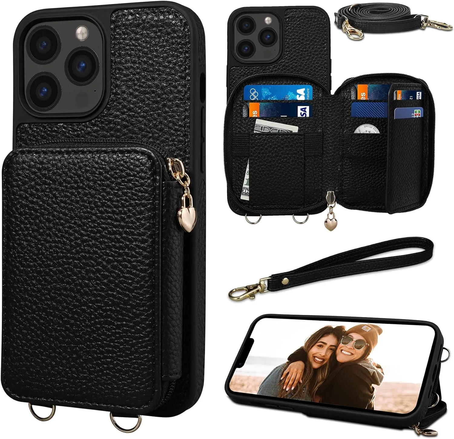 Keallce Case for iPhone 13 Pro Max 6.7'' Case Wallet, Crossbody Zipper Purse with RFID Blocking 10 Card Slot Kickstand, Detachable Lanyard & Wristle Flip Folio Phone Cover for iPhone 13 Pro Max, Black