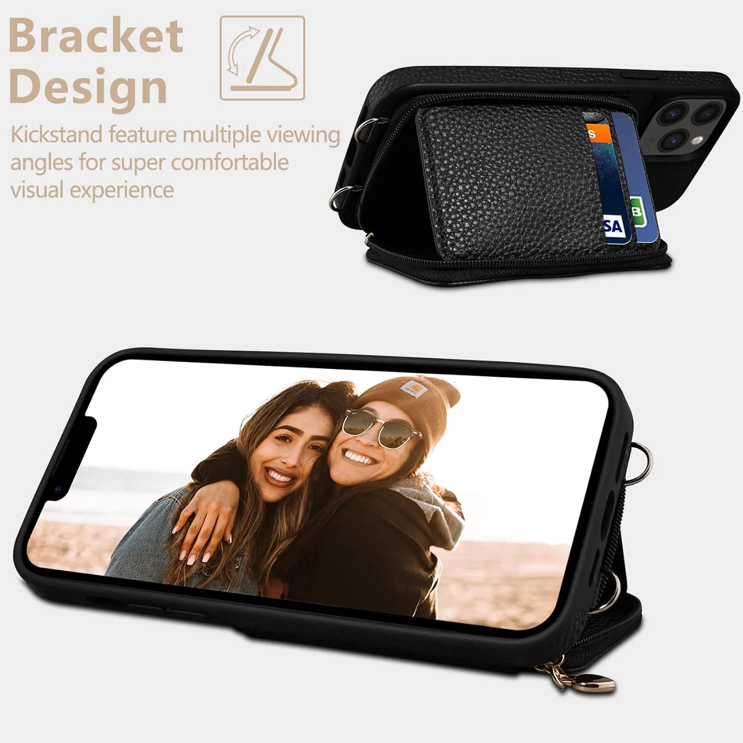 Keallce Case for iPhone 13 Pro Max 6.7'' Case Wallet, Crossbody Zipper Purse with RFID Blocking 10 Card Slot Kickstand, Detachable Lanyard & Wristle Flip Folio Phone Cover for iPhone 13 Pro Max, Black