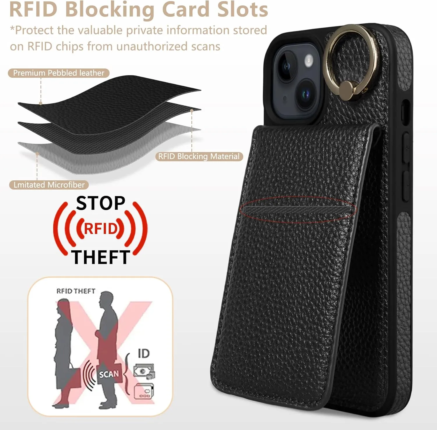 Keallce Case for iPhone 14 Plus 6.7'' Detachable Crossbody Wallet Case with RFID Blocking Card Slots, 360?Stand Ring Flip Leather Protective Cover Lanyard Shoulder Strap Women for iPhone 14 Plus,Black