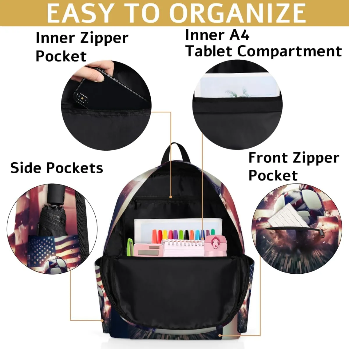 Kids Backpack for Girls Boys School Bookbag Water Resistant Lightweight Travel Bag Adjustable Shoulder Straps Preschool Primary School Toddler Backpack Vintage American Flag Background Soccer Ball