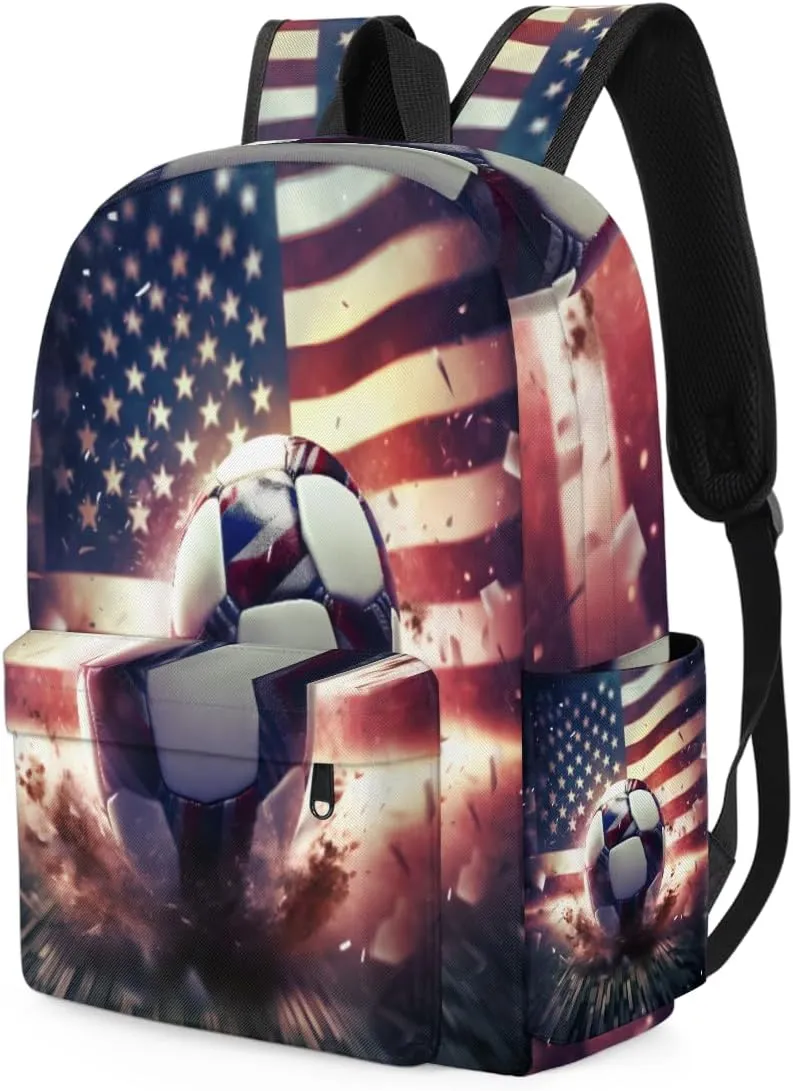Kids Backpack for Girls Boys School Bookbag Water Resistant Lightweight Travel Bag Adjustable Shoulder Straps Preschool Primary School Toddler Backpack Vintage American Flag Background Soccer Ball