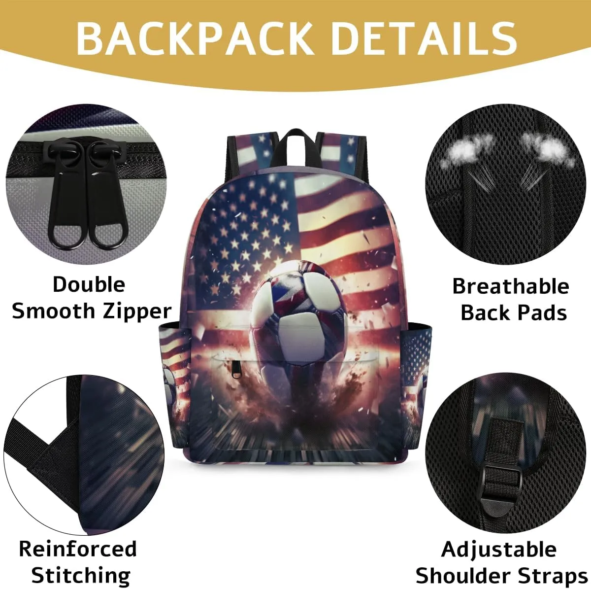 Kids Backpack for Girls Boys School Bookbag Water Resistant Lightweight Travel Bag Adjustable Shoulder Straps Preschool Primary School Toddler Backpack Vintage American Flag Background Soccer Ball