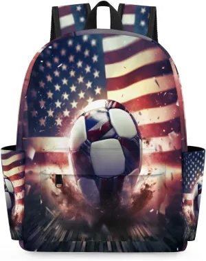 Kids Backpack for Girls Boys School Bookbag Water Resistant Lightweight Travel Bag Adjustable Shoulder Straps Preschool Primary School Toddler Backpack Vintage American Flag Background Soccer Ball