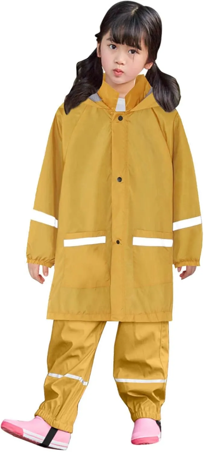 Kids Hooded Raincoat Rain Windproof Outwear Reflective Raincoat Girls Trench Coat Pants Hoodies Clothes Long Big Pockets