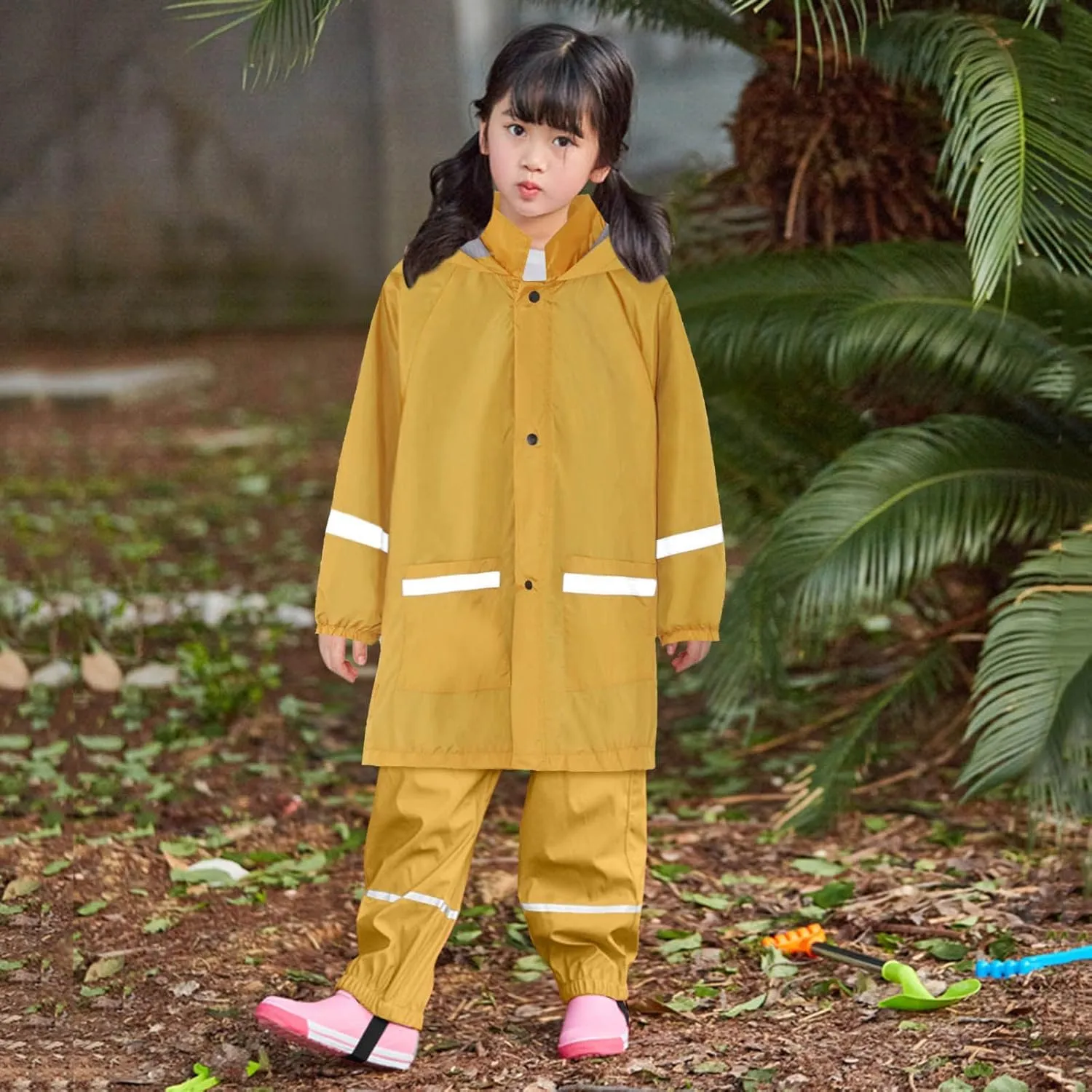 Kids Hooded Raincoat Rain Windproof Outwear Reflective Raincoat Girls Trench Coat Pants Hoodies Clothes Long Big Pockets