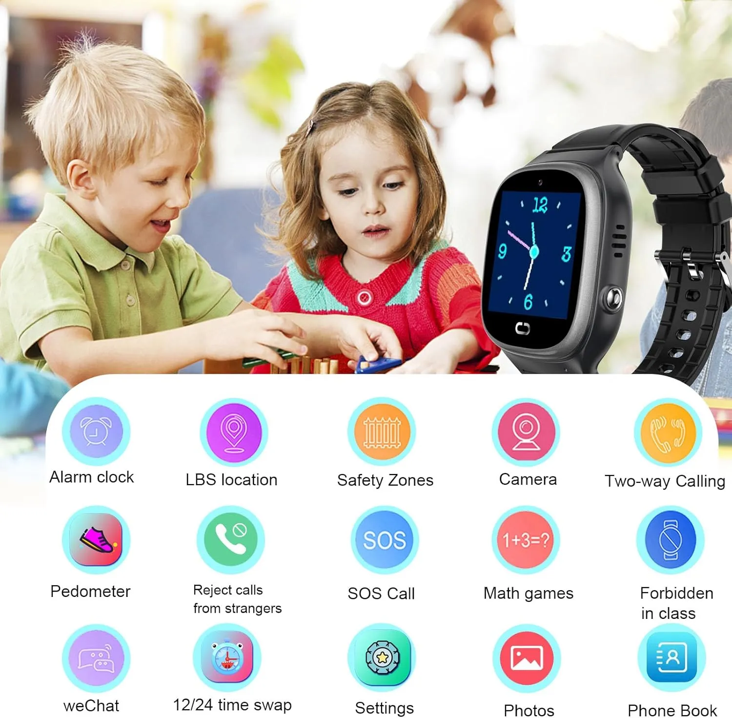 Kids Smart Watch with GPS Tracker,Waterproof Smartwatch for Kid with Voice Chat Call Pedometer SOS Camera Alarm Clock 12hrs Time HD Touch Screen Birthday Gifts for 3-12 Years Girls Boys (Black)