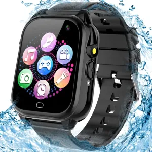 Kids Waterproof Smart Game Watch with 26 Game HD Camera 1.44'' Touchscreen Pedometer Video Music Player Alarm Clock Calculator Learning Toys for Girls Boys 3-12 Years Old (Black)