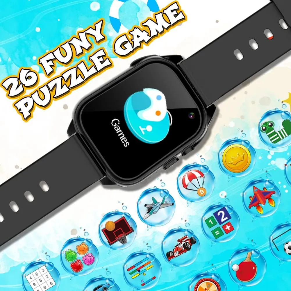 Kids Waterproof Smart Game Watch with 26 Game HD Camera 1.44'' Touchscreen Pedometer Video Music Player Alarm Clock Calculator Learning Toys for Girls Boys 3-12 Years Old (Black)