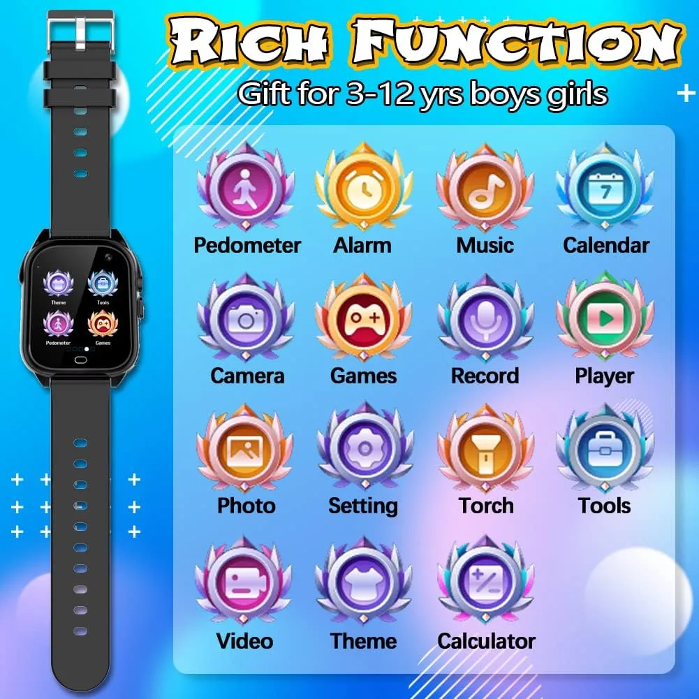 Kids Waterproof Smart Game Watch with 26 Game HD Camera 1.44'' Touchscreen Pedometer Video Music Player Alarm Clock Calculator Learning Toys for Girls Boys 3-12 Years Old (Black)