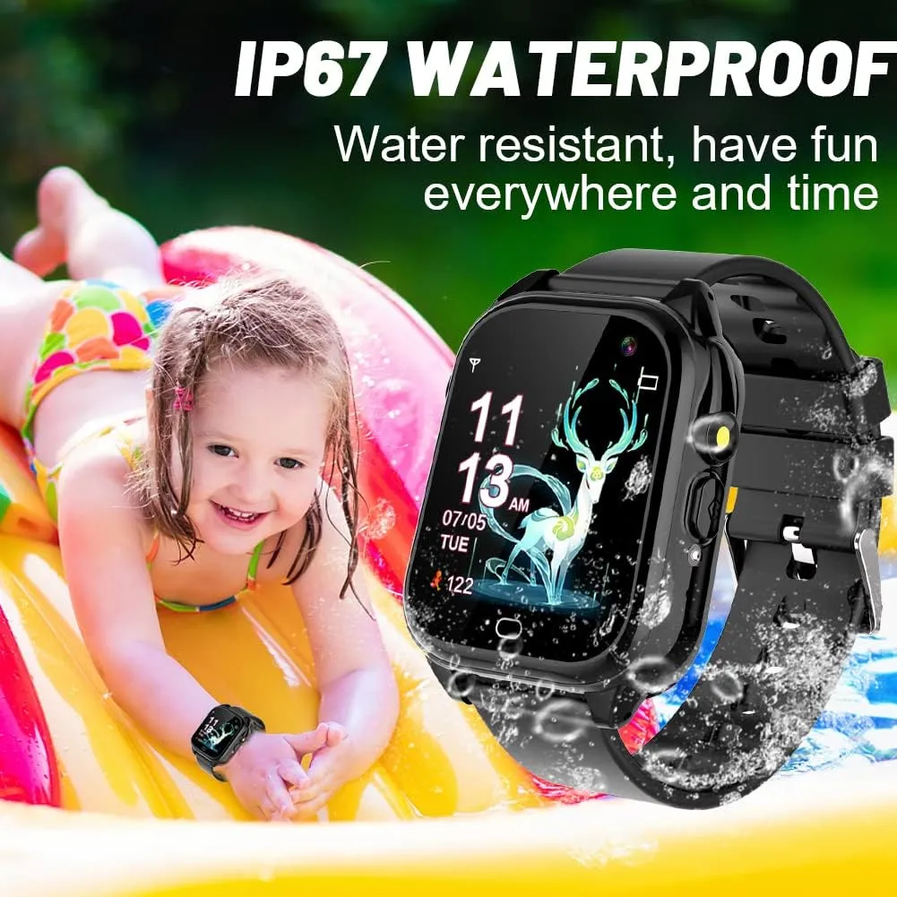 Kids Waterproof Smart Game Watch with 26 Game HD Camera 1.44'' Touchscreen Pedometer Video Music Player Alarm Clock Calculator Learning Toys for Girls Boys 3-12 Years Old (Black)
