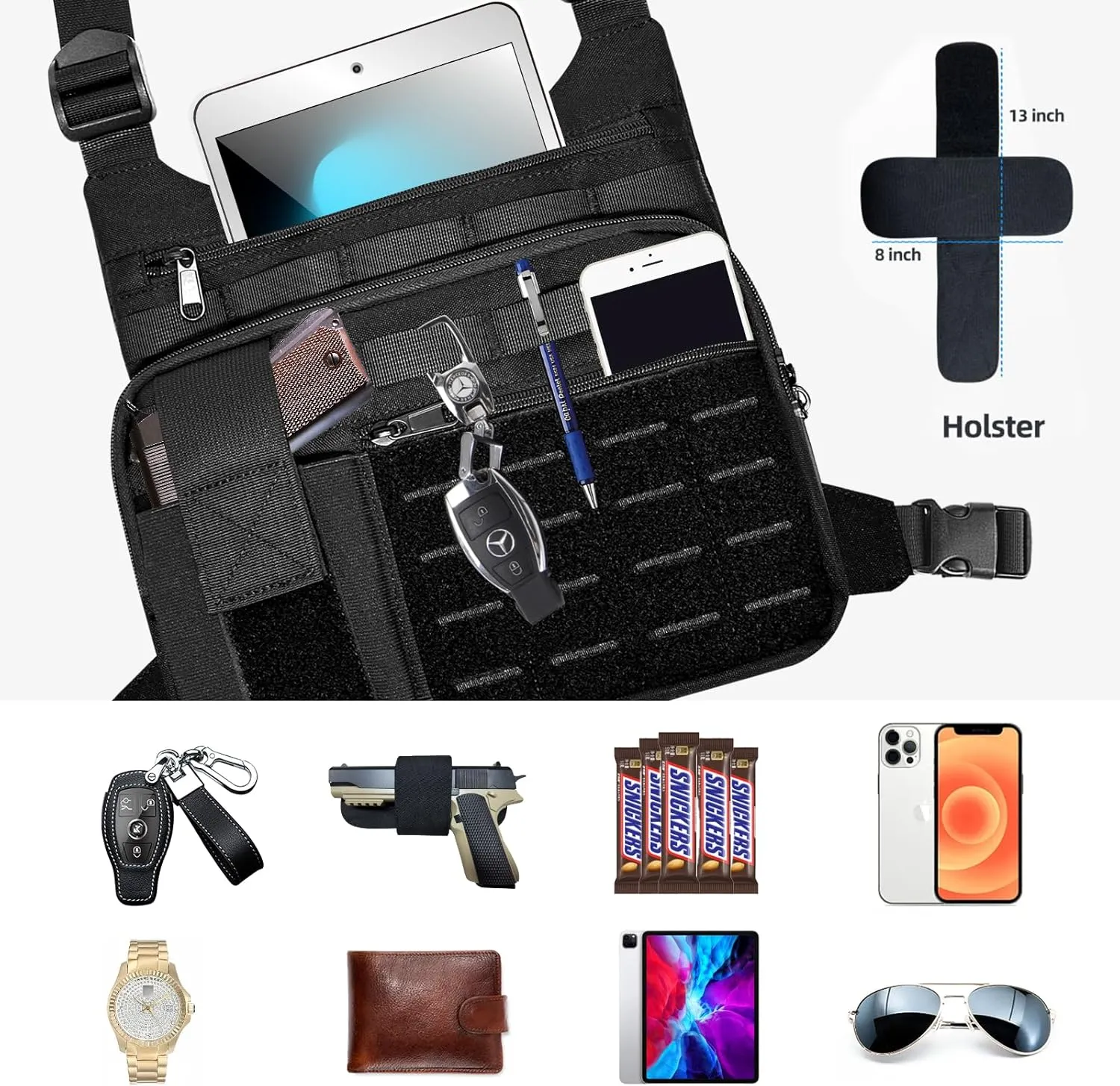 KINGSLONG Tactical Chest Bag, Running Vest Chest Pack for Men Chest Rids Holster Water Resistant EDC Bags