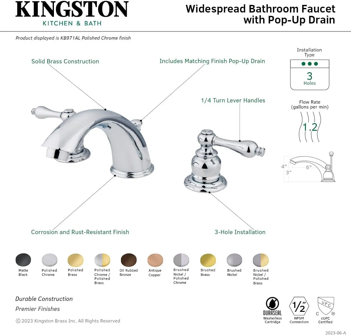 Kingston Brass KB971AL Victorian Widespread Lavatory Faucet with Metal lever handle, Polished Chrome 8-Inch Adjustable Center