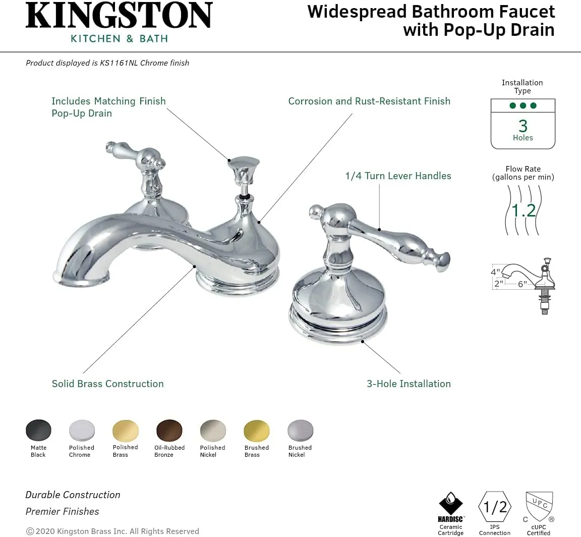 Kingston Brass KS1162NL Heritage Widespread Lavatory Faucet with Metal lever handle, Polished Brass, 8-Inch Adjustable Center