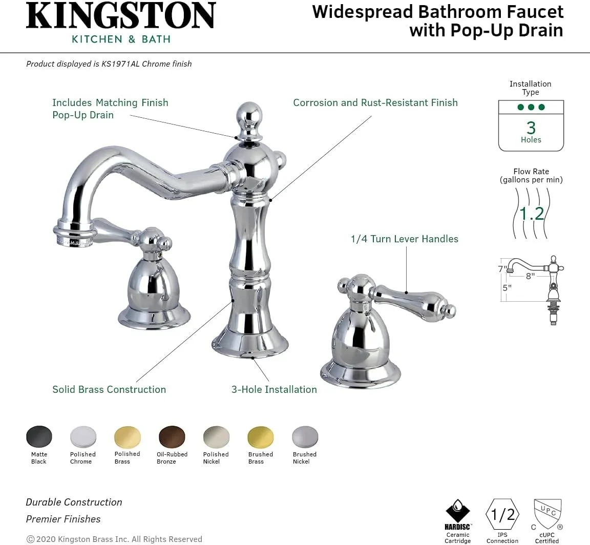 Kingston Brass KS1978AL Heritage Widespread Lavatory Faucet with Metal lever handle, Brushed Nickel