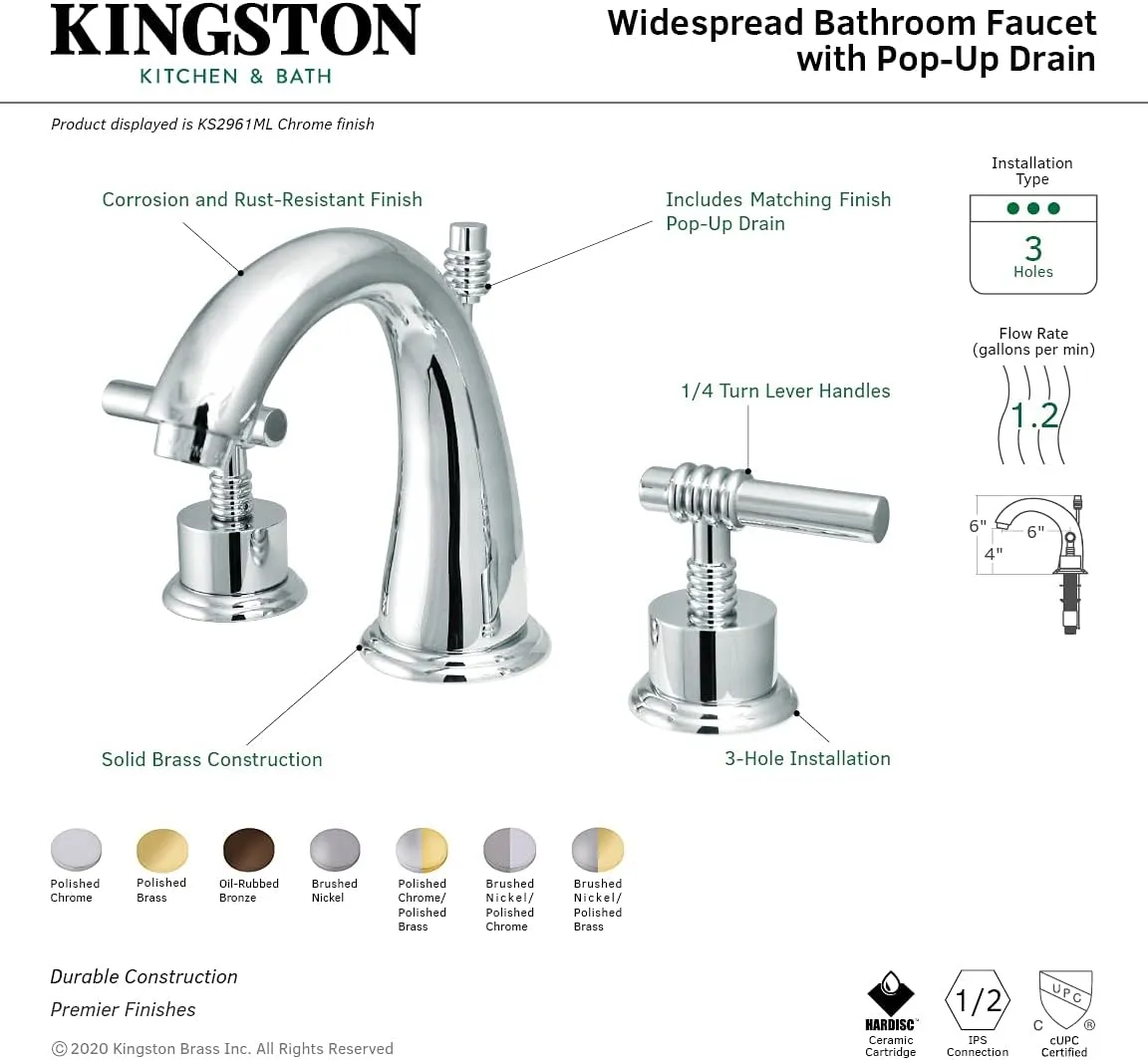 Kingston Brass KS2965ML Milano Widespread Lavatory Faucet with Metal lever handle, Oil Rubbed Bronze