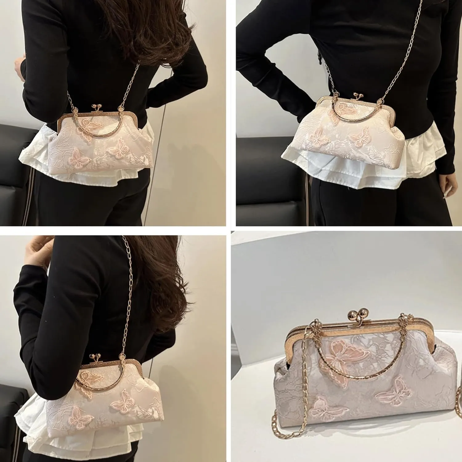 Kiss Lock Purse and Handbag for Women Floral Embroidered Crossbody Bag Medium Handbags Kiss Clasp Tote Shoulder Bags