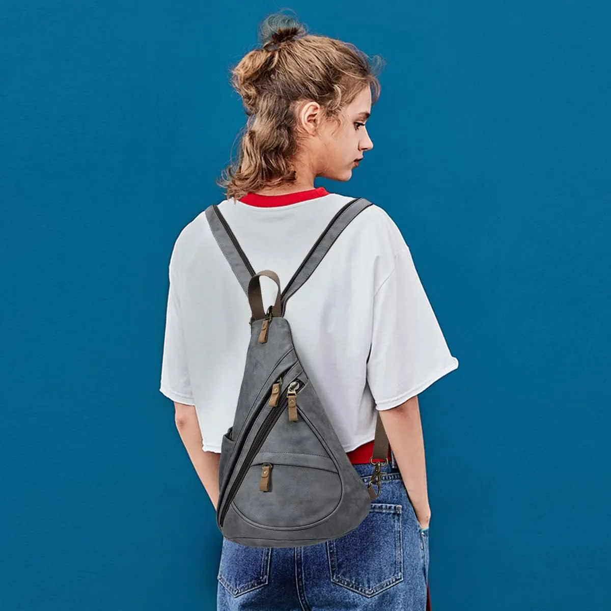KL928 PU Leather Sling Bag - Small Crossbody Backpack Shoulder Casual Daypack Rucksack for Men Women