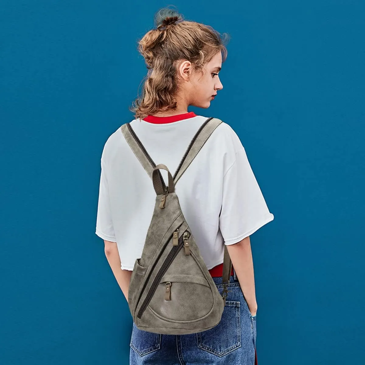 KL928 PU Leather Sling Bag - Small Crossbody Backpack Shoulder Casual Daypack Rucksack for Men Women