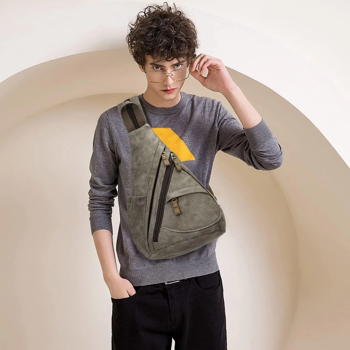KL928 PU Leather Sling Bag - Small Crossbody Backpack Shoulder Casual Daypack Rucksack for Men Women
