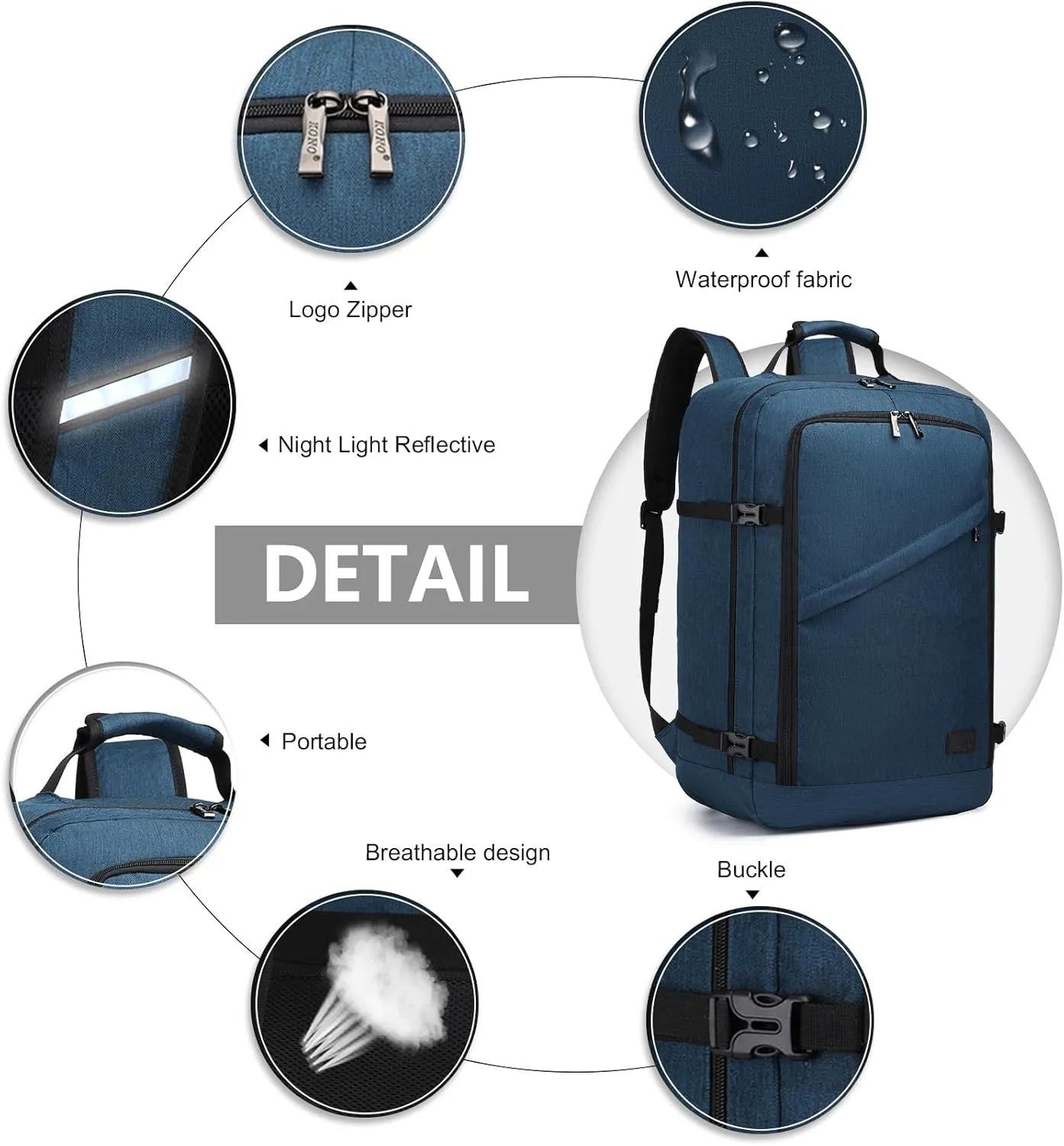 Kono Carry on Backpack, 22" Airplane Approved Travel Backpack for Men and Women, Waterproof Lightweight Daypack for Flight 40L (Navy, Large)