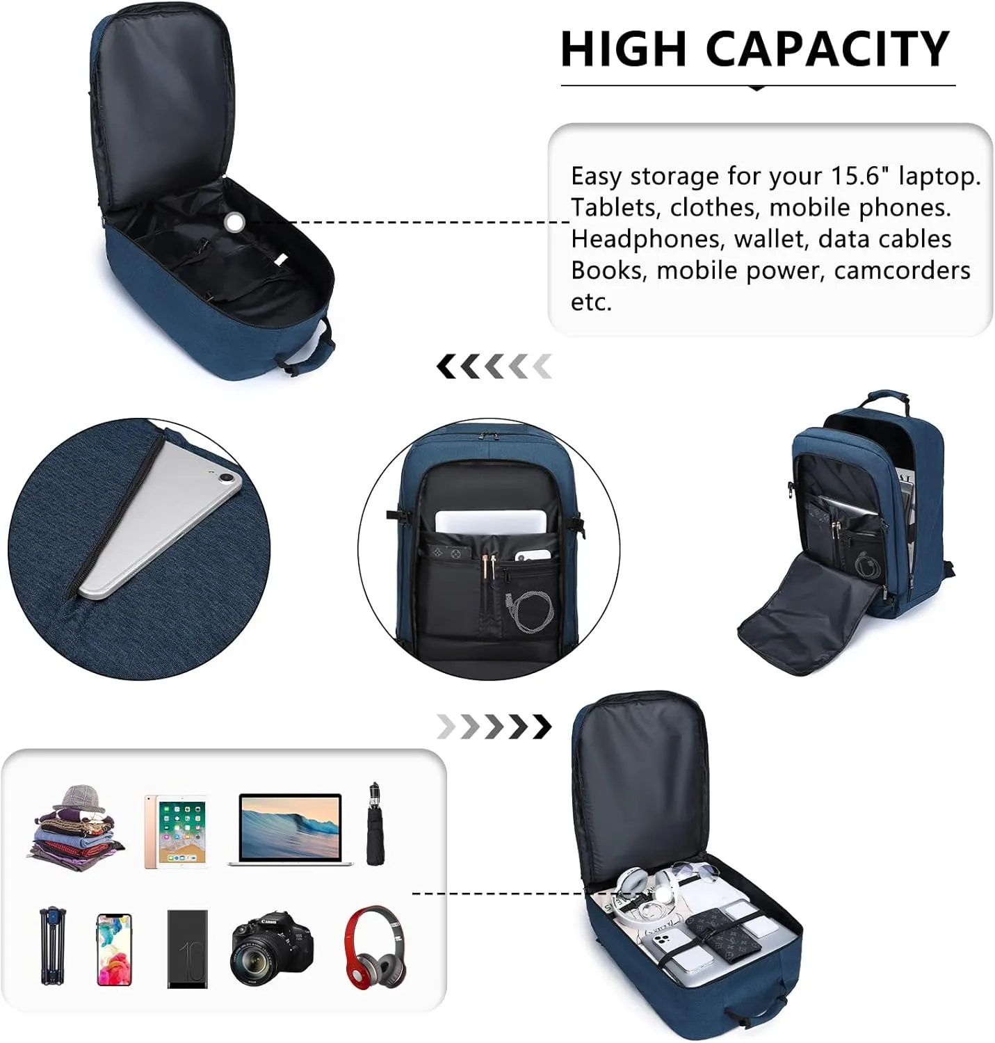Kono Carry on Backpack, 22" Airplane Approved Travel Backpack for Men and Women, Waterproof Lightweight Daypack for Flight 40L (Navy, Large)