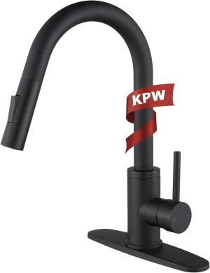 KPW Kitchen Faucets, Matte Black Kitchen Faucet with Pull Down Sprayer, High Arc Single Handle Stainless Steel Sink Faucets 1 or 3 Hole, Kitchen Sink Faucets for Farmhouse Campervan Laundry RV