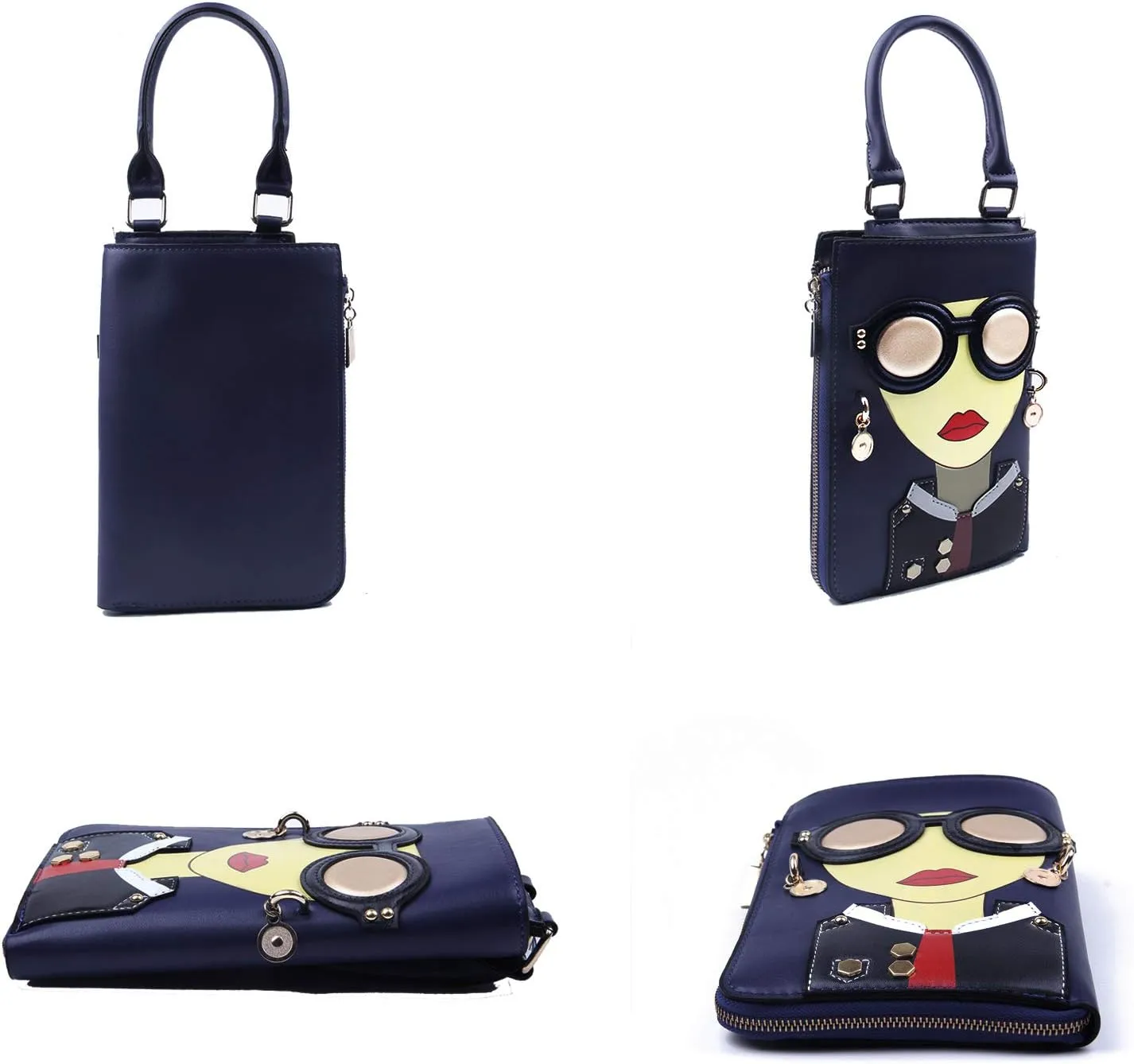 KUANG! Women Novelty Lady Face Shoulder Bags Funky PU Leather Top Handle Satchel Handbags Clutch Purse for Women