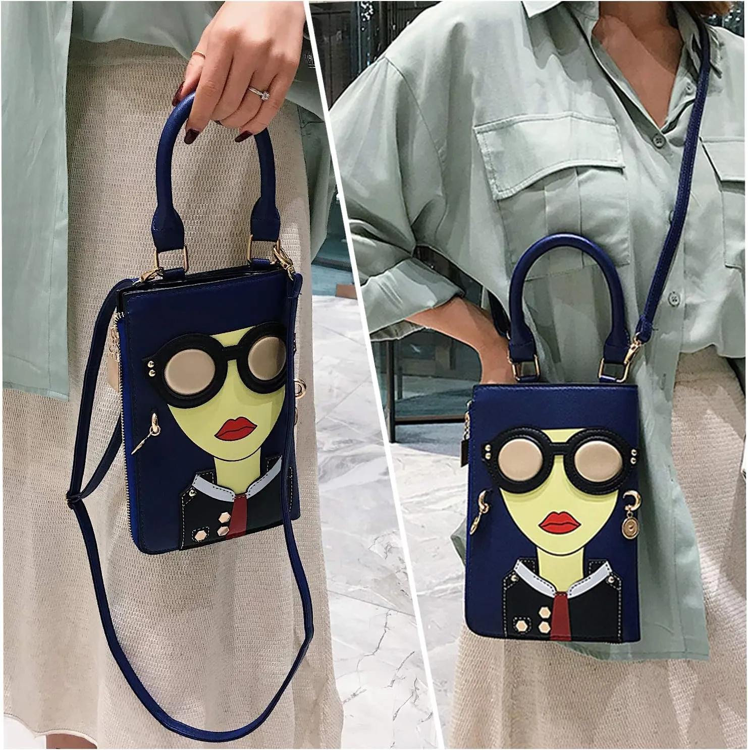 KUANG! Women Novelty Lady Face Shoulder Bags Funky PU Leather Top Handle Satchel Handbags Clutch Purse for Women