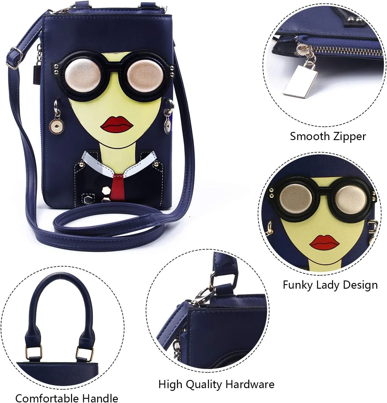 KUANG! Women Novelty Lady Face Shoulder Bags Funky PU Leather Top Handle Satchel Handbags Clutch Purse for Women