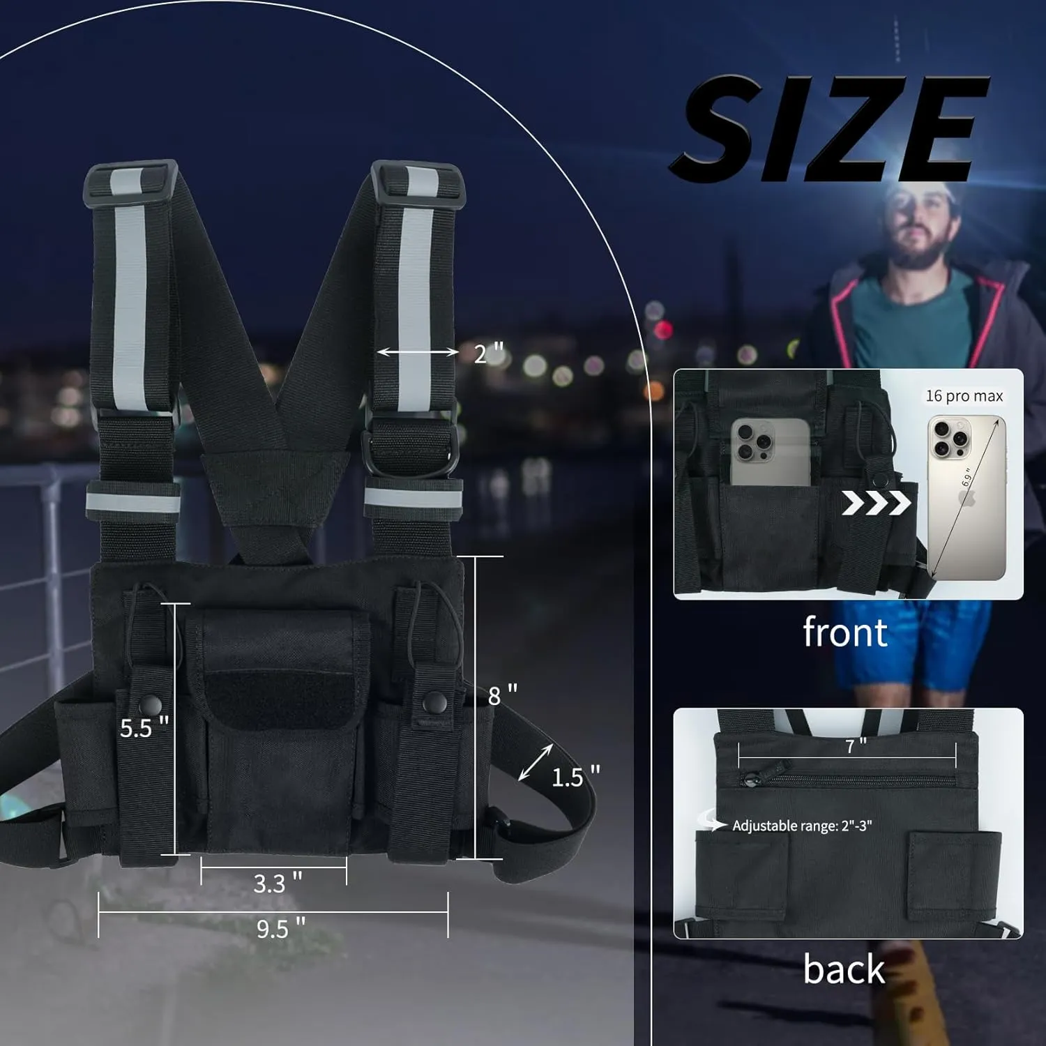 KUNN Radio Harness with Reflective Straps, Micro Rig Harness Chest Pack Tactical Vest Radio Holster Bag
