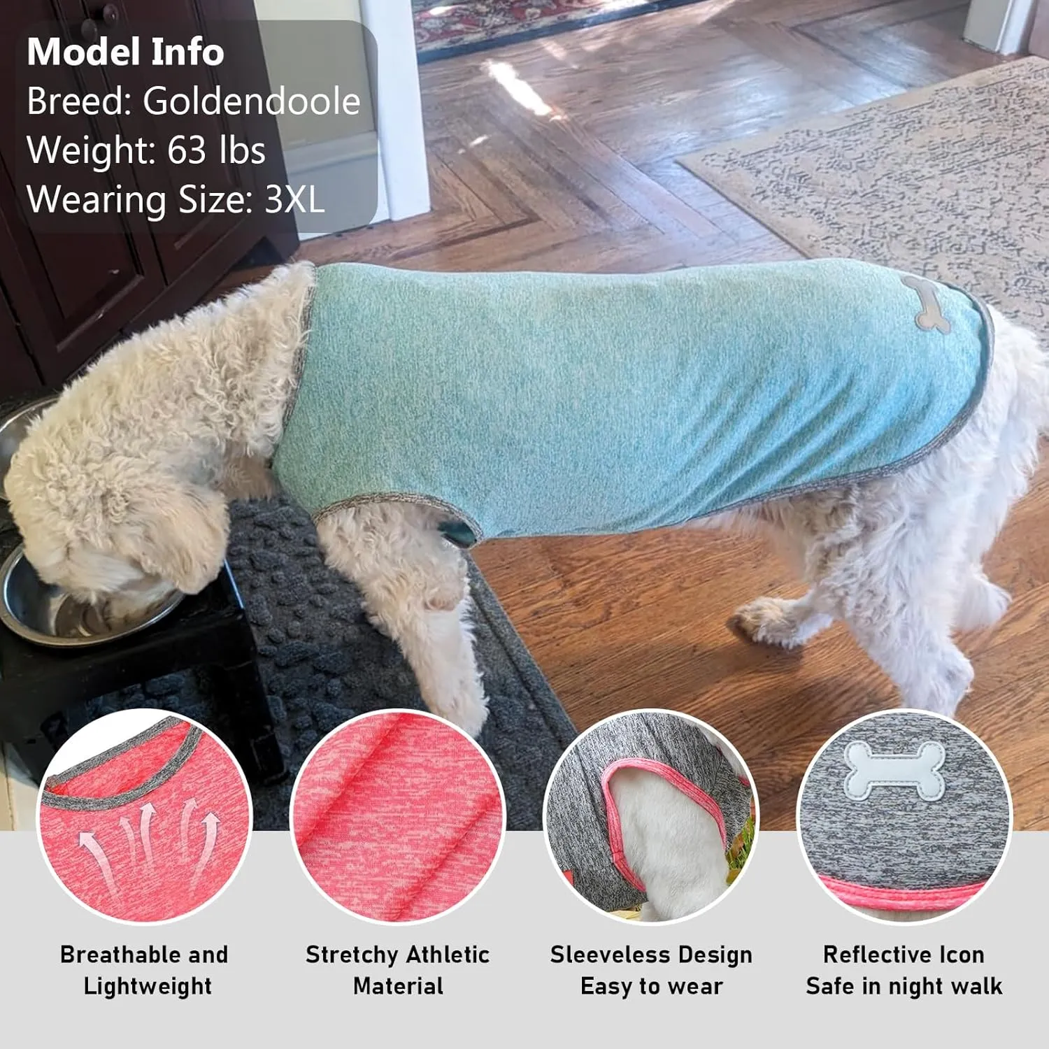 KYEESE 2 Pack Dog Shirts for Large Dogs Quick Dry Soft Stretchy Dog T-Shirts with Reflective Label Tank Top Sleeveless Vest Sun Protection Pet Clothes, Coral Red Grey, 3XL