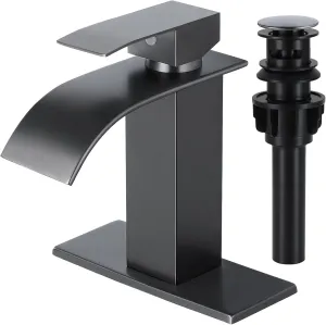 KZH Waterfall Bathroom Faucet, Gunmetal Grey Modern Single Handle Bathroom Faucets for 1 or 3 Hole Bathroom Sink Faucet Mixer Tap Washbasin Faucet with 6 Inch Deck Plate & Hose & Pop-up Drain