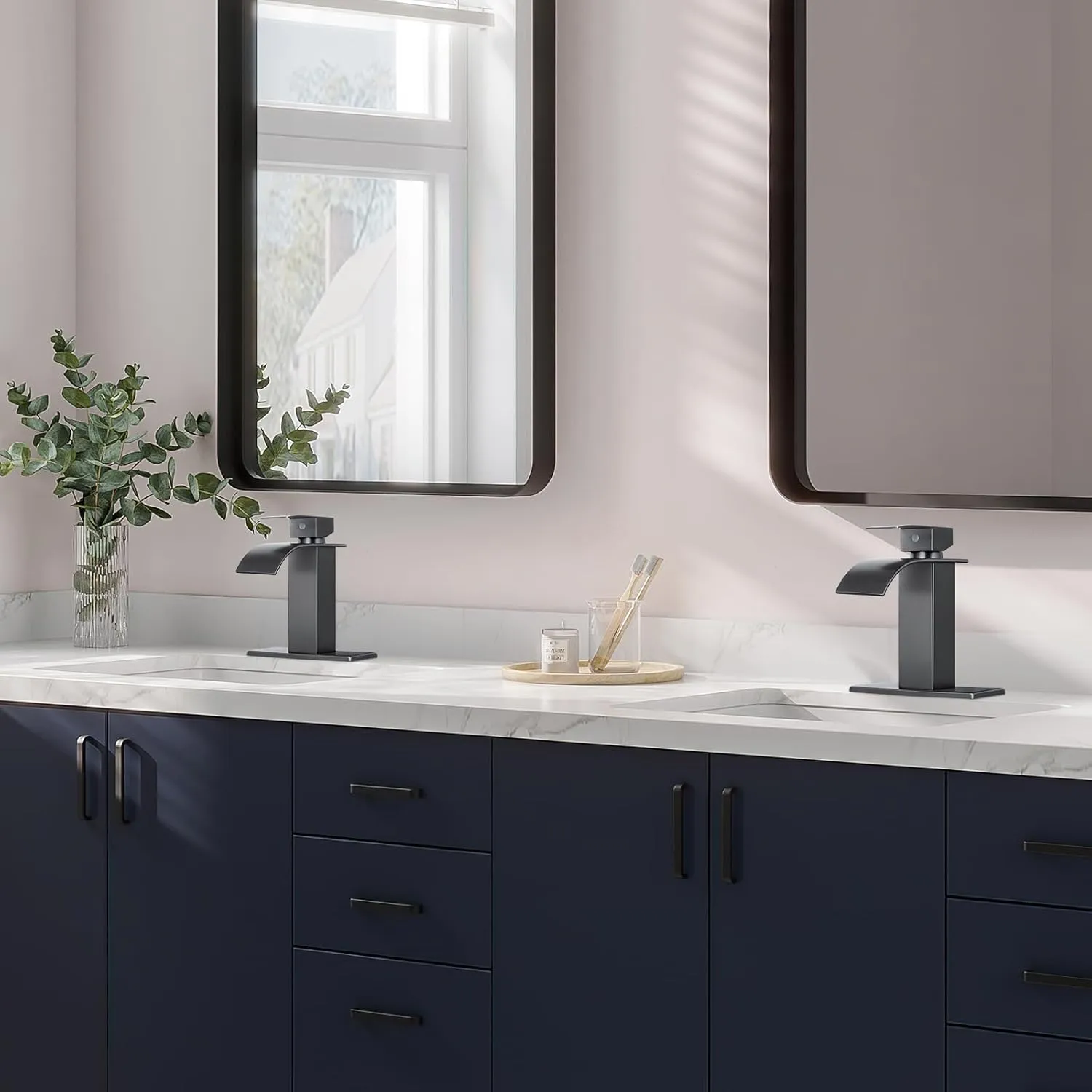 KZH Waterfall Bathroom Faucet, Gunmetal Grey Modern Single Handle Bathroom Faucets for 1 or 3 Hole Bathroom Sink Faucet Mixer Tap Washbasin Faucet with 6 Inch Deck Plate & Hose & Pop-up Drain