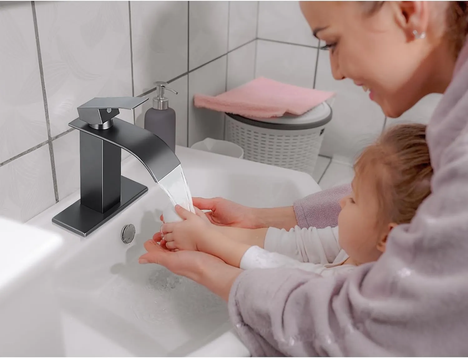 KZH Waterfall Bathroom Faucet, Gunmetal Grey Modern Single Handle Bathroom Faucets for 1 or 3 Hole Bathroom Sink Faucet Mixer Tap Washbasin Faucet with 6 Inch Deck Plate & Hose & Pop-up Drain