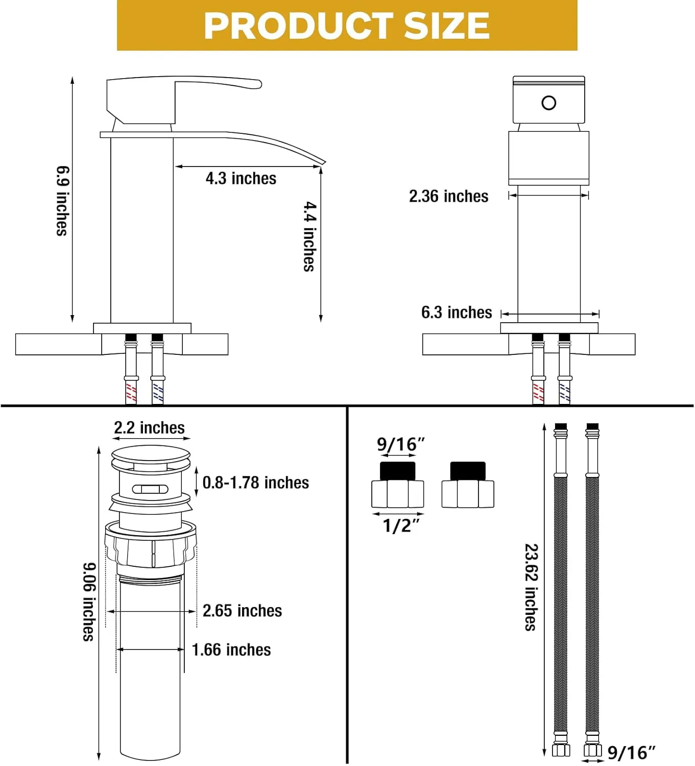 KZH Waterfall Bathroom Faucet, Gunmetal Grey Modern Single Handle Bathroom Faucets for 1 or 3 Hole Bathroom Sink Faucet Mixer Tap Washbasin Faucet with 6 Inch Deck Plate & Hose & Pop-up Drain