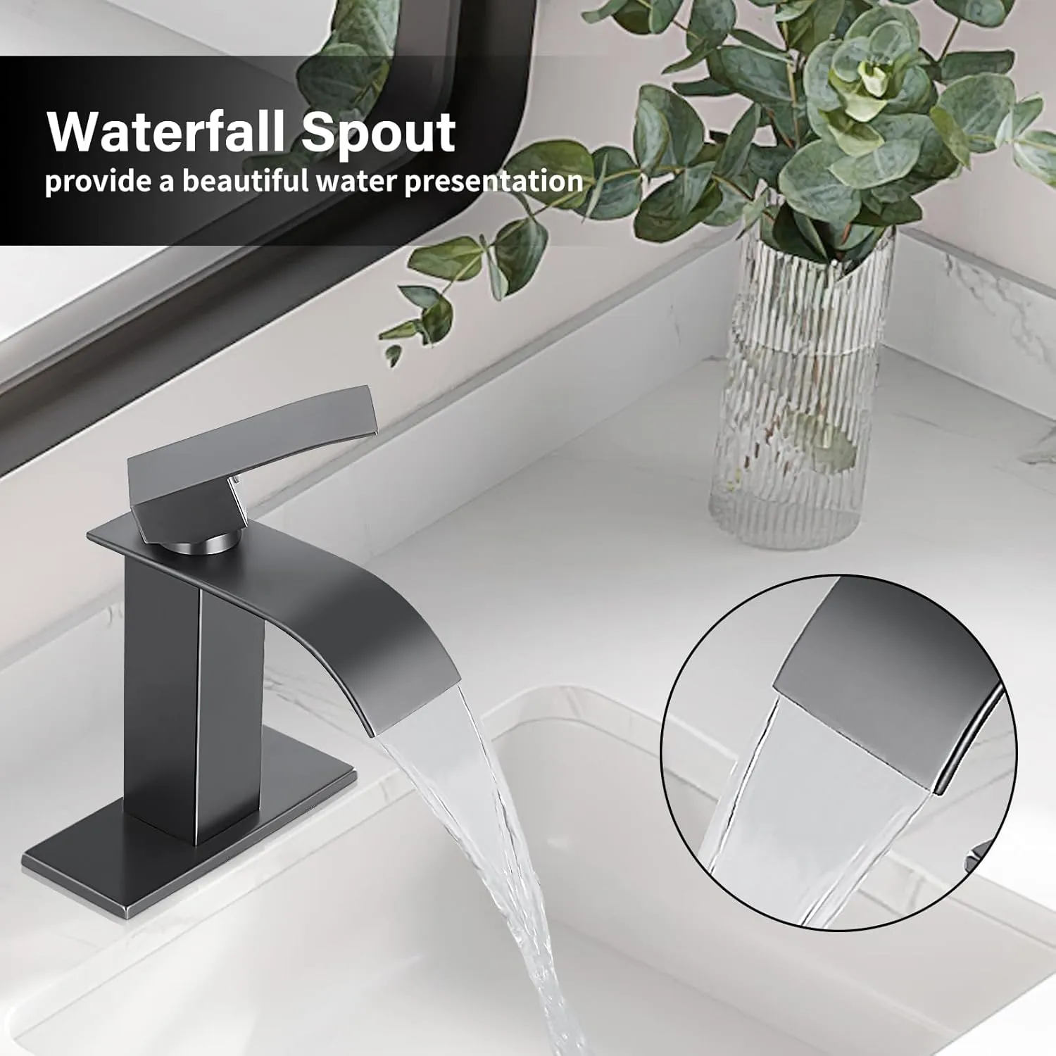 KZH Waterfall Bathroom Faucet, Gunmetal Grey Modern Single Handle Bathroom Faucets for 1 or 3 Hole Bathroom Sink Faucet Mixer Tap Washbasin Faucet with 6 Inch Deck Plate & Hose & Pop-up Drain