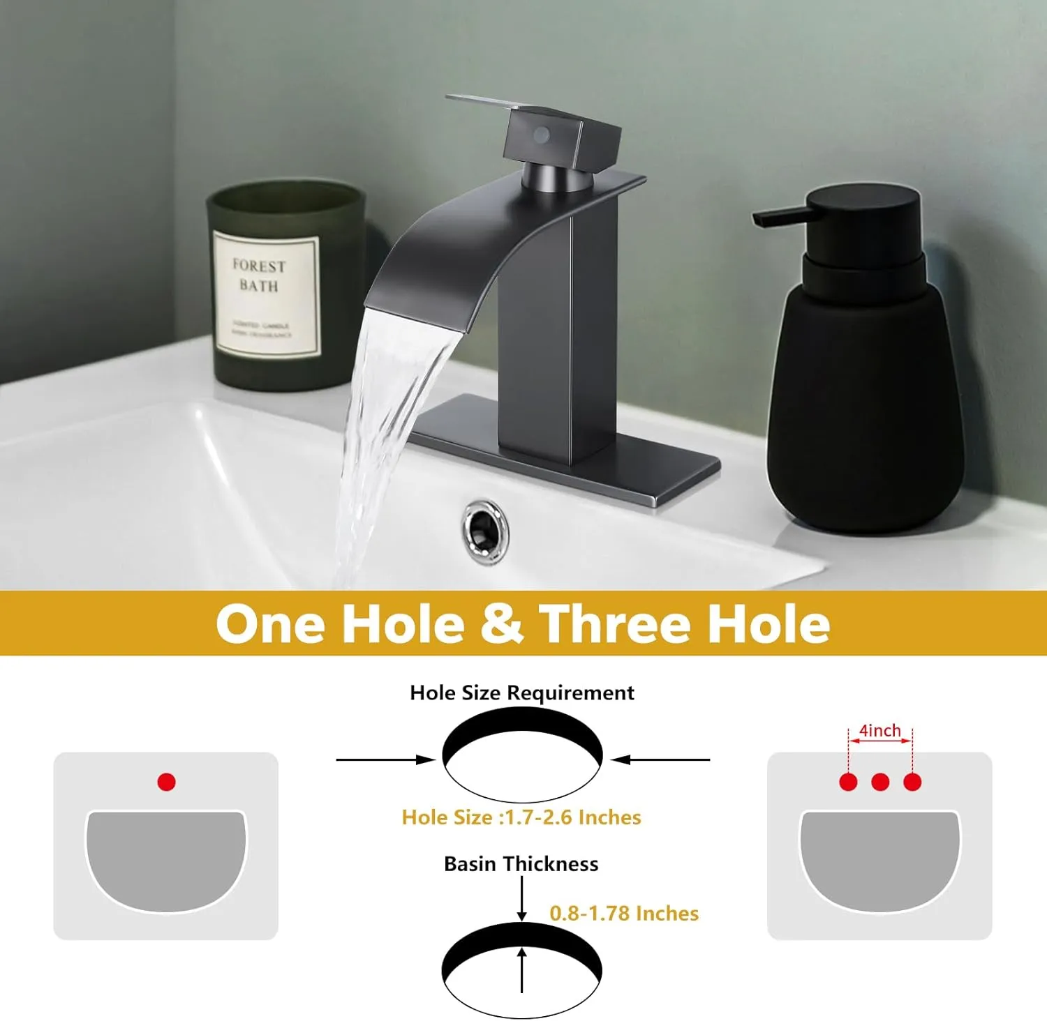 KZH Waterfall Bathroom Faucet, Gunmetal Grey Modern Single Handle Bathroom Faucets for 1 or 3 Hole Bathroom Sink Faucet Mixer Tap Washbasin Faucet with 6 Inch Deck Plate & Hose & Pop-up Drain