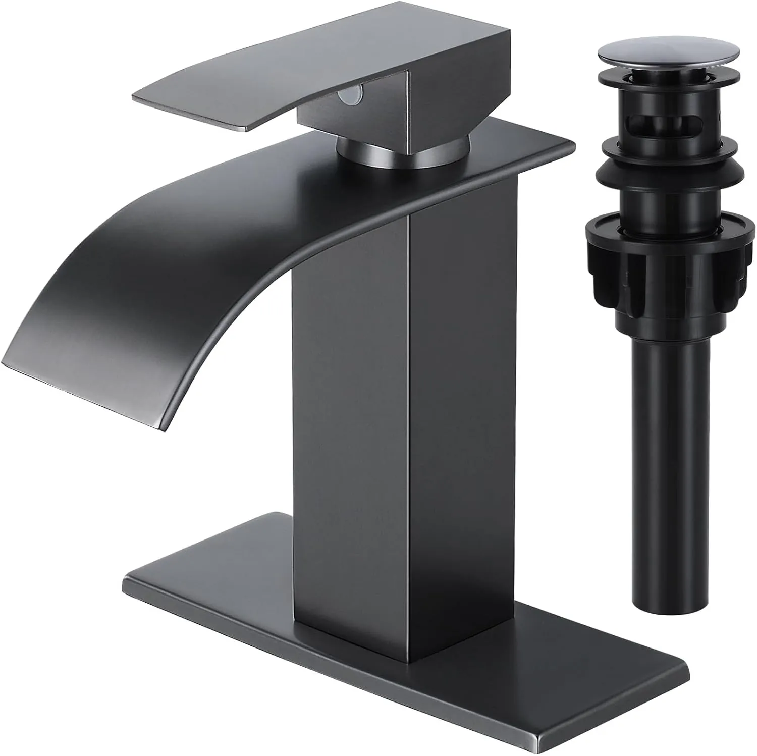 KZH Waterfall Bathroom Faucet, Gunmetal Grey Modern Single Handle Bathroom Faucets for 1 or 3 Hole Bathroom Sink Faucet Mixer Tap Washbasin Faucet with 6 Inch Deck Plate & Hose & Pop-up Drain