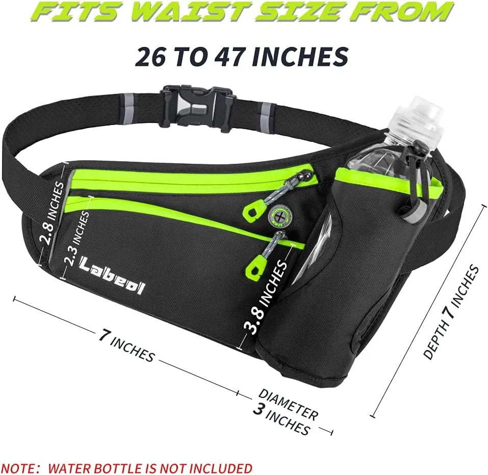 Labeol Running Belt with Water Bottles, Adjustable 2 Zipper Pockets Running Waist Pack Hydration Bag for Men and Women, Fanny Pack with Water Bottles for Hiking Climbing Jogging (Green)