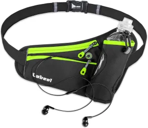 Labeol Running Belt with Water Bottles, Adjustable 2 Zipper Pockets Running Waist Pack Hydration Bag for Men and Women, Fanny Pack with Water Bottles for Hiking Climbing Jogging (Green)