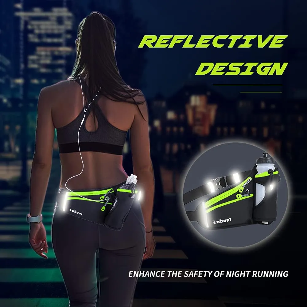 Labeol Running Belt with Water Bottles, Adjustable 2 Zipper Pockets Running Waist Pack Hydration Bag for Men and Women, Fanny Pack with Water Bottles for Hiking Climbing Jogging (Green)