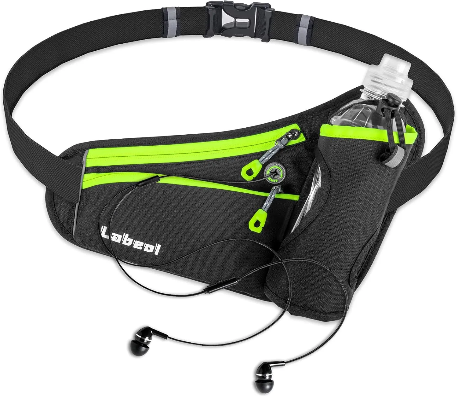 Labeol Running Belt with Water Bottles, Adjustable 2 Zipper Pockets Running Waist Pack Hydration Bag for Men and Women, Fanny Pack with Water Bottles for Hiking Climbing Jogging (Green)
