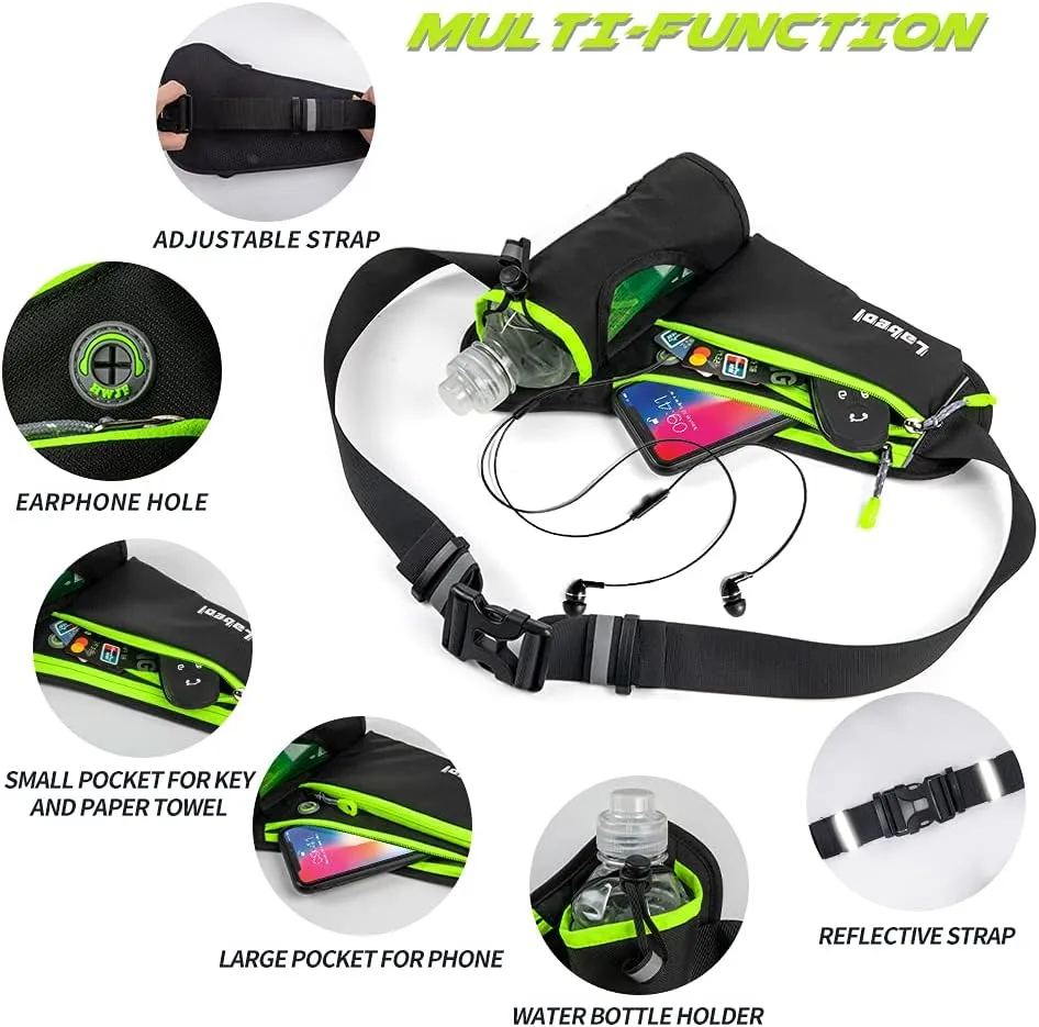 Labeol Running Belt with Water Bottles, Adjustable 2 Zipper Pockets Running Waist Pack Hydration Bag for Men and Women, Fanny Pack with Water Bottles for Hiking Climbing Jogging (Green)